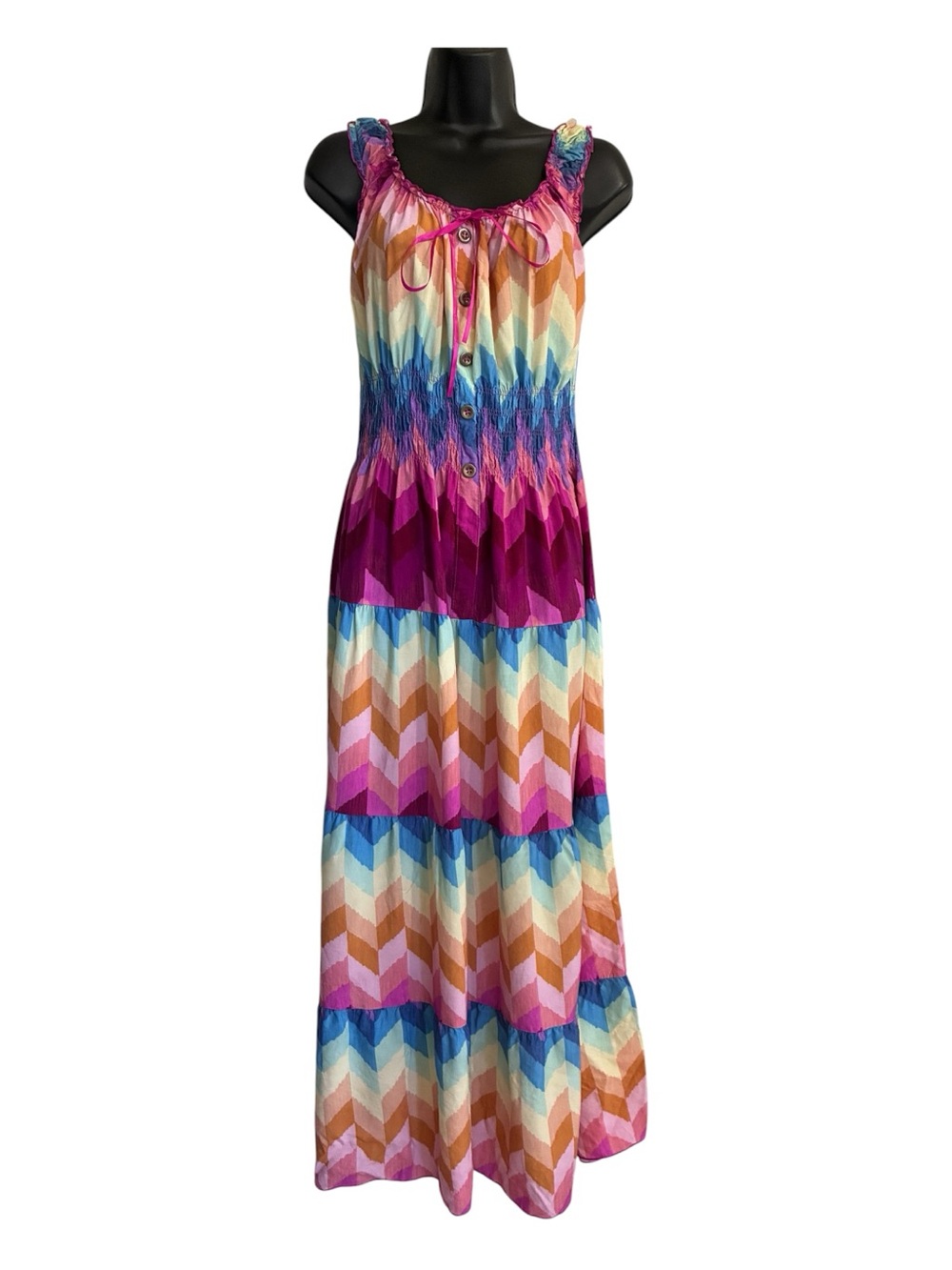 Sleeveless Boho Festival Multicolor Rainbow Chevron Maxi Dress Pink Blue Size L